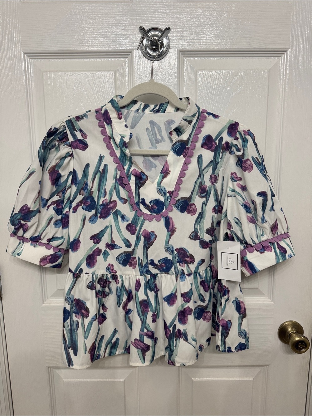 Floral Printed Puff-Sleeve Peplum Blouse - Purple/Blue
